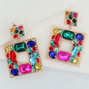 Multi-colored Rhinestone Square Drop Earrings